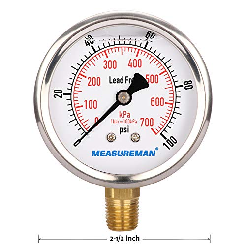 MEASUREMAN Lead-Free Pressure Gauge, 2-1/2inch Dial, Glycerin Filled, 0-100psi/kpa, Stainless Steel Case, 1/4inchNPT Lower Mount - size: 0-100 psi, style: Lower Mount(Lead-Free)