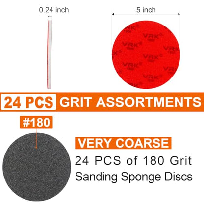 24 PCS 5 Inch Hook and Loop Sanding Sponge Discs Set 180 Grit - size: 5 In 180 Grit 24 PCS