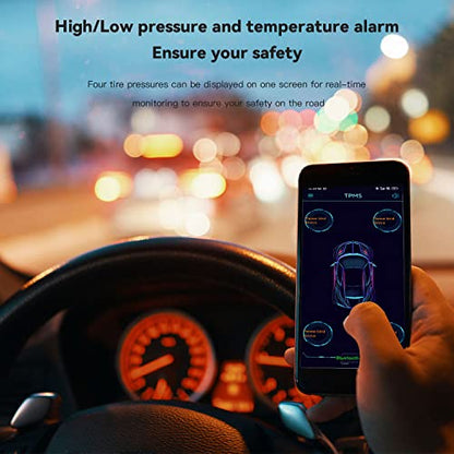 Tire Pressure Monitoring System with 4 External Sensors TPMS Real-time Display with Alarm Modes Bluetooth 5.0 Support iOS and Android, 4 Extra Coin battary Gift