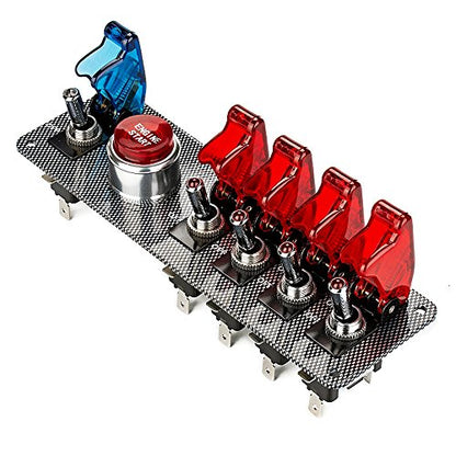 dc12v flip-up Ignition Switch Panel,5 in 1 car Engine Start Push Button led Toggle for Racing Sport Competitive car (4 red 1 Blue) - color: 4 Red 1 Blue