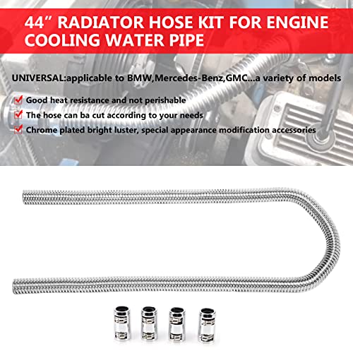 44" Flexible Heater Hose Kit - Stainless Steel Universal Heater Hoses Fits 5/8" & 3/4" Necks, 2 Hoses (4 Chrome Caps, Silver) - color: Silver, size: 44 Inch