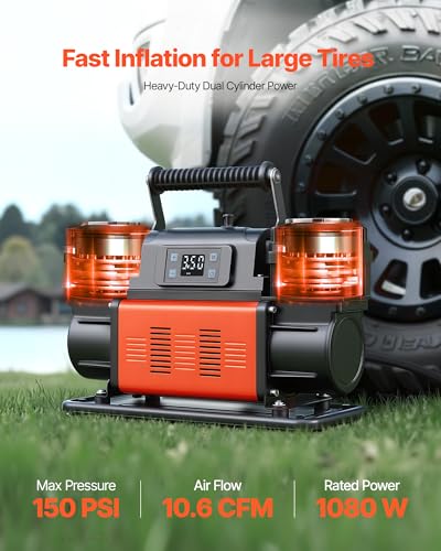 VEVOR Dual-Cylinder Heavy Duty Air Compressor, 10.6CFM Auto-Stop Portable Tire Inflator, 12V 150PSI Offroad Air Pump with LCD Digital Display & Adapters for Truck Car SUV 4 x 4 Vehicle RV - size: 14.37 x 5.91 x 8.94 inch