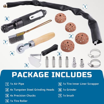 Low Speed Air Tire Buffer, Tire Buffer Full Kit Repair Polish Patch Tools with Tungsten Steel 42 mm 55mm Grinder Heads, Inner Liner Wheel Tire Polish Tire Buffing Scrapper Roller with Brush - size: Upgraded