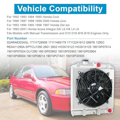4 Row Aluminum Radiator + Shroud + Fan For 92-00 93 94 95 96 97 98 99 Honda Civic EJ EK EG DEL D15 D16