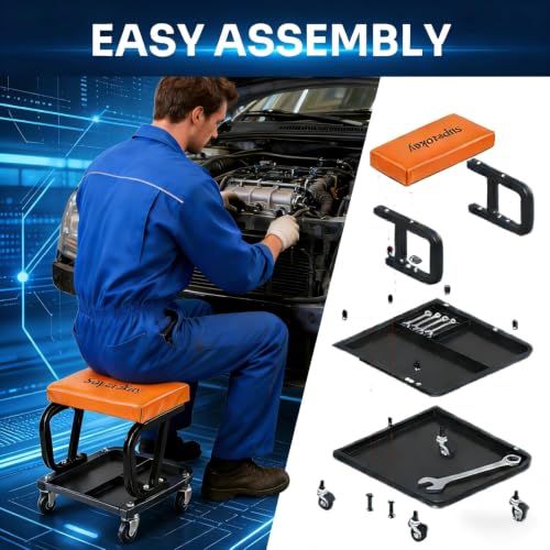 superokay Rolling Mechanic Seat with Tool Tray, 330 lb Capacity