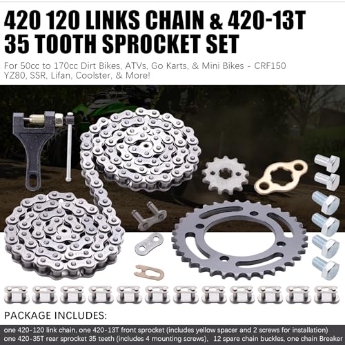 Ultimate 420 120 Links Chain & 420-13T& 35 Tooth Sprocket Set for 50cc to 170cc Dirt Bikes, ATVs, Go Karts, & Mini Bikes - CRF150, YZ80, SSR, Lifan, Coolster, & More!