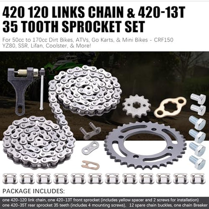Ultimate 420 120 Links Chain & 420-13T& 35 Tooth Sprocket Set for 50cc to 170cc Dirt Bikes, ATVs, Go Karts, & Mini Bikes - CRF150, YZ80, SSR, Lifan, Coolster, & More!