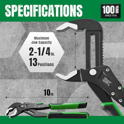 SK 10'' Quick Adjust Water Pump Pliers, SureGrip V-Jaw Groove Joint Pliers - size: 10" Quick Adjust Groove Joint Pliers