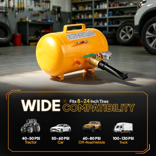 TUFFIOM 5 Gallon Air Tire Bead Blaster Seater w/Pressure Gauge & Handle, Wheel Seating Tool Inflator Tank for Truck ATV, 85-116PSI Operating Pressure - color: yellow