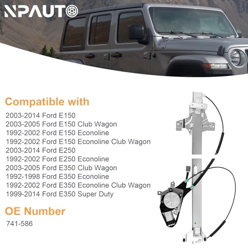 Front Driver Side Power Window Regulator with Motor for 2003-14 Ford E150 E250, 1992-02 E150 E250 Econoline Club Wagon, 03-05 E350 Club Wagon, 92-98 E350 Econoline, 1999-14 E350 Super Duty, Left - style: Front Driver Side