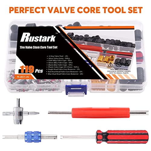 119Pc Valve Core Remover Tools with Aluminum Tire Stem Caps, Dual and 4-Way Valve Tool Kit for Automotive, Truck, Motorcycle, Bicycle