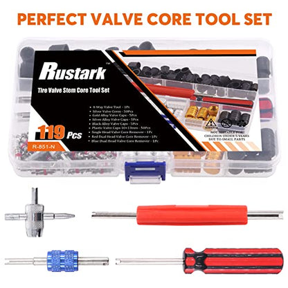 119Pc Valve Core Remover Tools with Aluminum Tire Stem Caps, Dual and 4-Way Valve Tool Kit for Automotive, Truck, Motorcycle, Bicycle