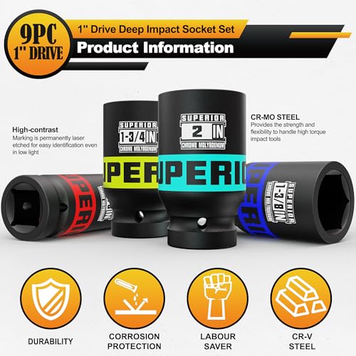 9 Piece 1" Drive Deep Impact Socket Set, 1" - 2" Jumbo Socket, SAE, 6-Point, Heavy Duty CR-MO, Truck Tire Service, Mechanical Equipment Maintance - size: 1" Jumbo SAE