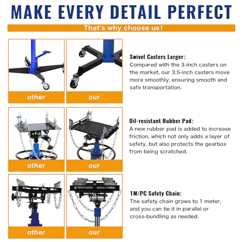 1100 Lbs Transmission Jack | 1100 lbs capacity, 2-stage lift, 33.8-72.8", foot pedal, swivel wheels, heavy-duty.