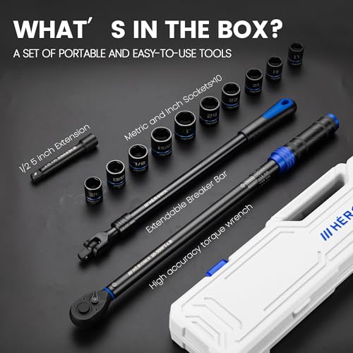 13PCS 1/2-Inch Drive Click Torque Wrench Set (30-300 ft-lb / 40.7-406.8 Nm), Tire Change Kit with 1/2" Breaker Bar, 5" Extension & 10 Metric/SAE Sockets for Auto, Truck & Lug Nut Repair - size: 1/2" DR. 13PCS『30-300 FT.LB & Breaker Bar』