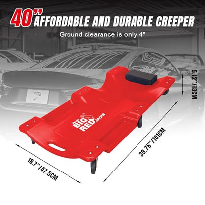 BIG RED TRP6240 Torin Blow Molded Plastic Rolling Garage/Shop Creeper: 40" Mechanic Cart with Padded Headrest, Dual Tool Trays and 6 Casters, Red - style: Red Rolling Creeper
