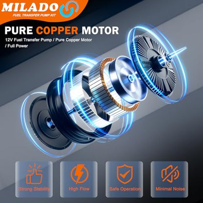 MILADO 12V Fuel Transfer Pump Set, Gasoline Transfer Pump Kit, Electric Fuel Pump with Case, 30 Gallons of Gas or Diesel Per Hour Inline Fuel Pump, Great for Vehicles, Boats, Carburetor, Lawn Mower