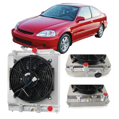 4 Row Aluminum Radiator + Shroud + Fan For 92-00 93 94 95 96 97 98 99 Honda Civic EJ EK EG DEL D15 D16