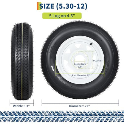 GarveeTech 5.30-12 Trailer Tire and Wheel Assembly, 5 Lug, Set of 2 - size: 5.30-12, style: 5 Lug