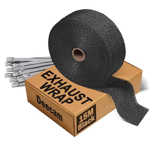 Deecam Exhaust Wrap, Black Exhaust Header Heat Wrap, 2'' x 50' Motorcycle High Temp Heat Shield Tape Roll for Exhaust Pipes with 12 Stainless Steel Ties - size: 15M