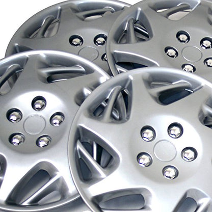 WC3-15-2007j-S - Pack of 4 Hubcaps - 15-Inches | Silver | Style 007B Style Snap-On (Pop-On) Type Metallic Silver Wheel Covers Hub-caps - size: 15-Inches | Silver | Style 007B