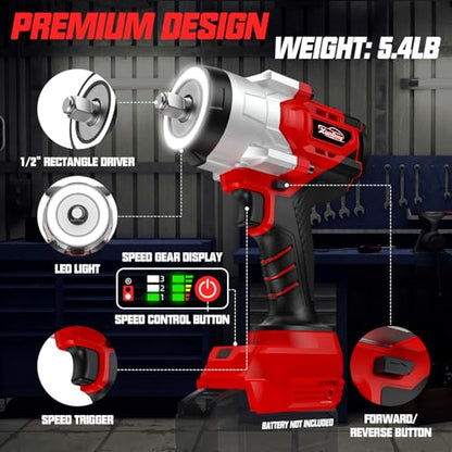 Cordless 1/2" Impact Wrench Compatibe with Milwaukee 18V Battery, 1250Ft-lbs(1700N.M) High Torque Impact Gun Heavy Duty, Brushless Electric Power Impact Driver with 4 Sockets&4 Speed Modes&LED Light - size: 1/2" 1700NM Compatibe with Milwaukee