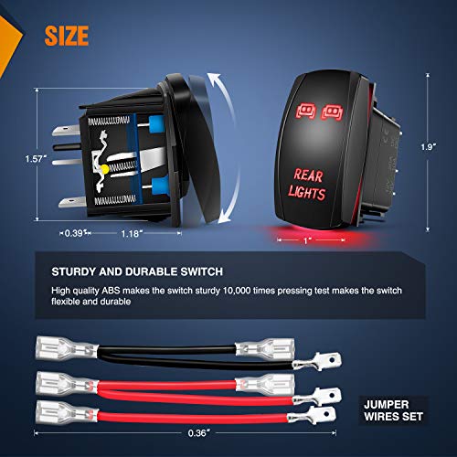 Nilight 5Pin Rear Lights Rocker Switch Laser Etched Toggle SPST Red - color: Red, size: REAR LIGHTS