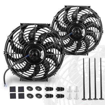 12 Inch 12” Black Universal Electric Radiator Slim Fan 12V 80W High Performance Cooling Push Pull w/Mounting Kit 2PCS - size: 12” 2PCS