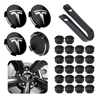 4 Pack Car Wheel Center Hub Cap Kit with 22 Lug Nut Covers - color: Glassy Black & Silver