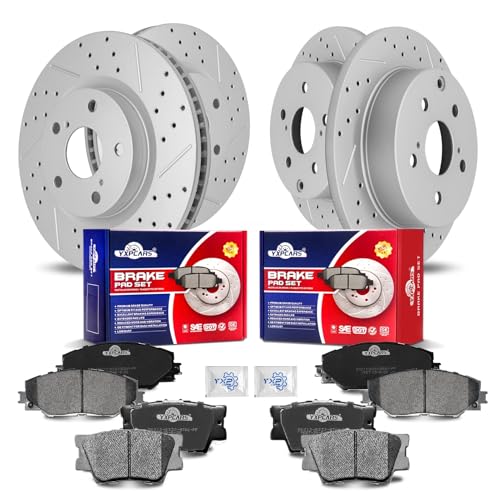 Front & Rear Drilled Slotted Rotors and Ceramic Disc Brake Pads Kit for Toyota Rav4 2016 Hybrid (Limited/Xle), Rav4 2017 Hybrid (Limited/Se), Rav4 2018 Hybrid (Limited/Se/Xle)