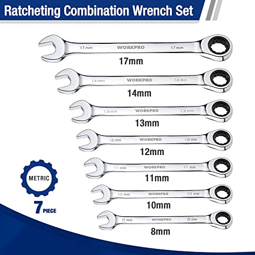 WORKPRO 7-Piece Ratcheting Combination Wrench Set, 72 Teeth, Cr-V Constructed, Combo Ratchet Wrenches Set with Roll Up Pouch, Metric 8mm-17mm (Pack of 2) - size: Metric (Pack of 2)