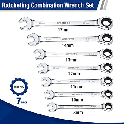 WORKPRO 7-Piece Ratcheting Combination Wrench Set, Metric 8-17mm - size: Metric