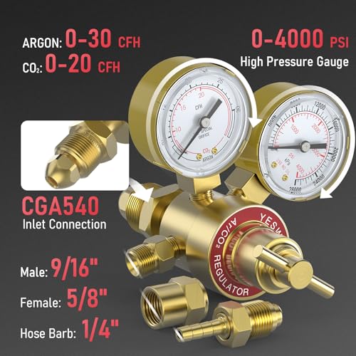 YESWELDER Argon CO2 Regulator with 8.2 ft Hose 0-4000 PSI Gauges Gas