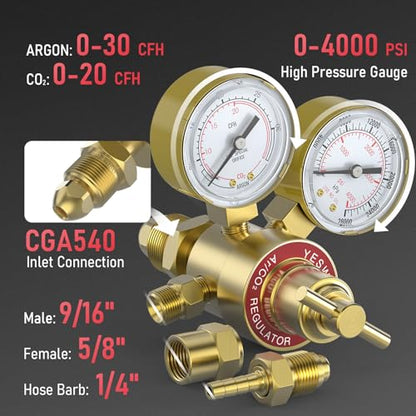 YESWELDER Argon CO2 Regulator with 8.2 ft Hose 0-4000 PSI Gauges Gas