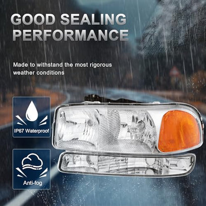 KUIPERAUTO Headlight Assembly Front Lamp Compatible with 1999-2006 GMC Sierra 1500 2500, 2000-2006 GMC Yukon Headlamp w/Bulb Chrome Housing/Clear Lens/Amber Corner - color: Chrome/Clear/Amber