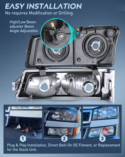 Nilight Headlight & Taillight Assembly Combo for 2003-2006 Chevy Silverado - color: Black Housing + Amber Reflector + Taillight