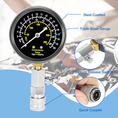 BETOOLL 15pcs Compression Tester with Spark Plug Tester & 14mm&16mm Magnetic Swivel Spark Plug Socket - 300PSI Engine Cylinder Compression Gauge Automotive Tool - size: Senior
