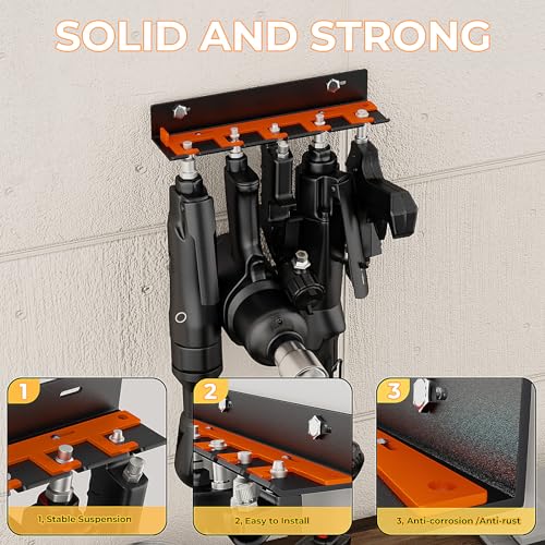Air Tool Holder, Air Tool Rack for Garage Walls and Tool Cart Storage Organizer，Wall Mounted Lockable Pneumatic Tool Hanger for Air Compressor Tools, Pneumatic Nail Gun, Black-5 Slots - style: 5 Slots Air Tool Holder