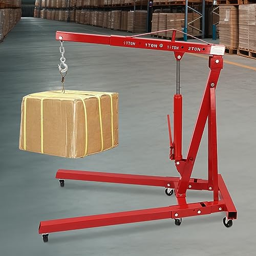 2 Ton Folding Hydraulic Engine Hoist Crane Hoist Lift, Cherry Picker Shop Crane Hoist Lift, 4409lb Engine Hoist, Heavy Duty Folding Shop Crane with 6 Casters (Sent in 2 Packages, Red)