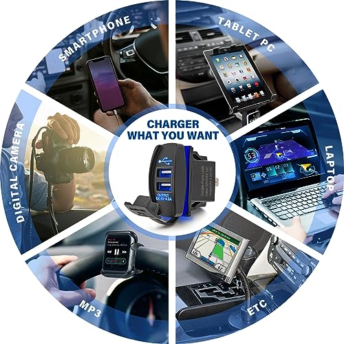 Anina 4.2A Rocker Switch Style Dual USB Charger Blue LED Light, Waterproof USB Port with 10A Fuse for Marine Toggle Switch Panel on 12V-24V Car ATV UTV Boat Polaris Can-Am, Universal Quick Charger