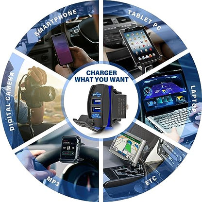 Anina 4.2A Rocker Switch Style Dual USB Charger Blue LED Light, Waterproof USB Port with 10A Fuse for Marine Toggle Switch Panel on 12V-24V Car ATV UTV Boat Polaris Can-Am, Universal Quick Charger