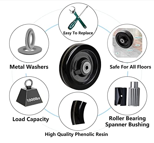 SY America 5"x2" Width 4 Pack Phenolic Wheel w/Rolling Bearing & Steel Bushing 1/2" Axle Diameter Casters Total Capacity 4000 lbs(5 inches Pack of 4) - size: 5" 4-pack [ 4 Wheel ]