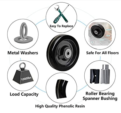 SY America 5"x2" Width 4 Pack Phenolic Wheel w/Rolling Bearing & Steel Bushing 1/2" Axle Diameter Casters Total Capacity 4000 lbs(5 inches Pack of 4) - size: 5" 4-pack [ 4 Wheel ]