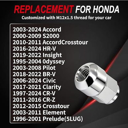M12x1.5 Lug Nuts - Replacement for 2006-2024 Honda Civic2006-2024,1997-2024 CR-V, 2003-2024 Accord, 2016-2024 HR-V - Closed End Chrome Lug Nut 20-Piece Set