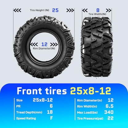 25x8-12 Front & 25x10-12 Rear ATV Tires,6PR,Tubeless,Pack of 4 - size: 25x8x12 & 25x10x12