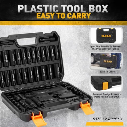 ELEAD 96-Piece 3/8" Drive Impact Socket Set, SAE(5/16 to 3/4-Inch) & Metric(8-22mm), Standard & Deep Sockets, Ratchet Handle, Bit Set, Universal Joint, Extension Bar, Adapters, Spark Plug Sockets - color: 96pcs 3/8'' Drive Impact Socket Set Black