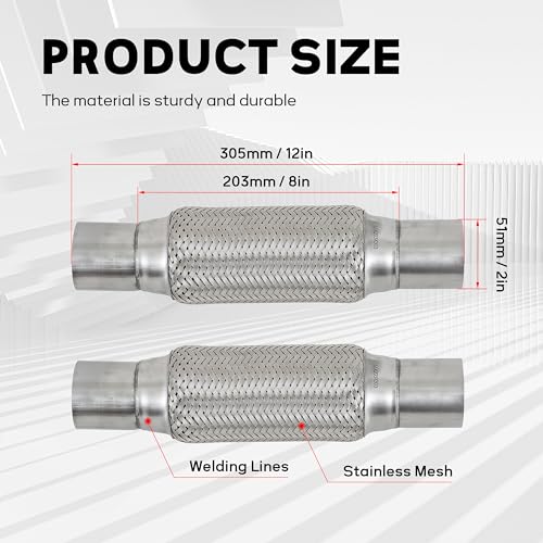 2''X8''universal stainless steel Exhaust Flex Pipe with Ends 12" Inch Long Heavy Dutydouble braided bendable exhaust Flex Pipe - size: 2''X8''X12''