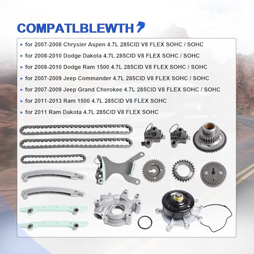 4.7L Timing Chain Kit with Water Pump Oil Pump for 2007-2013 Dodge Dakota, Ram 1500, for Jeep Grand Cherokee, Commander, Chrysler Aspen V8 Engine OE Standard Timing Replacement Part - color: Dodge 4.7L Timing Chain