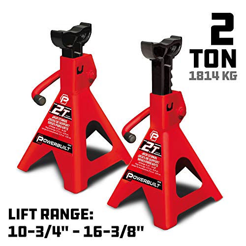 Powerbuilt 2 Ton Ratchet Jack Stand Pair, 4000 Pound 2-Piece Heavy Duty Steel Stands, Wide Angle Stability, Adjustable Height - Red 640399 - size: 2 Ton