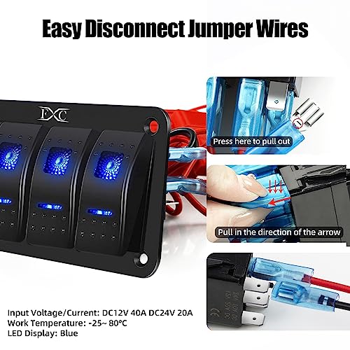 FXC Pre-Wired 5 Gang Rocker Switch Aluminum Panel with 40A Inline Fuse, Waterproof 6-Pin On-Off Car Boat Switch, Blue LED Switch Panel for Marine Boat Automotive RV Truck ATV Vehicles 12V/24V - style: 5 Gang